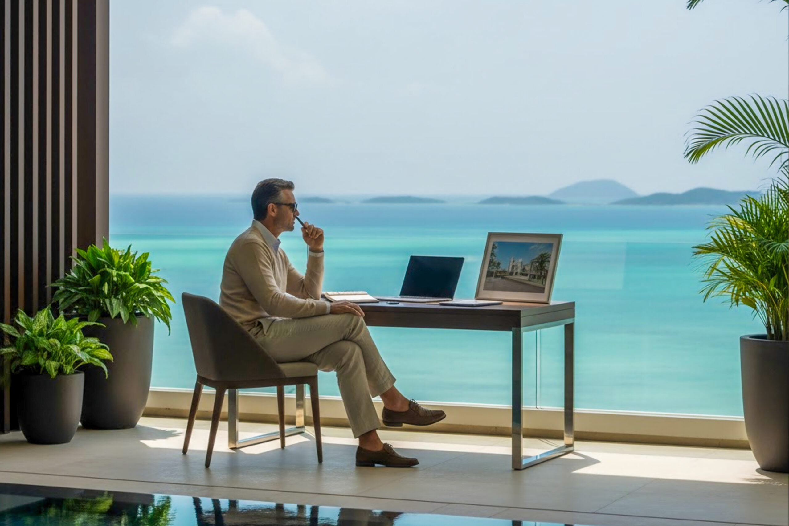 Business professional at a luxury tropical resort working remotely with ocean view – symbolizing executive rehab abroad with privacy, comfort, and high-end amenities.