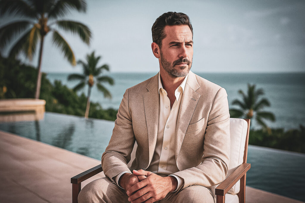 Executive man at a luxury rehab abroad overlooking the ocean, representing private, discreet addiction treatment for high-profile clients.