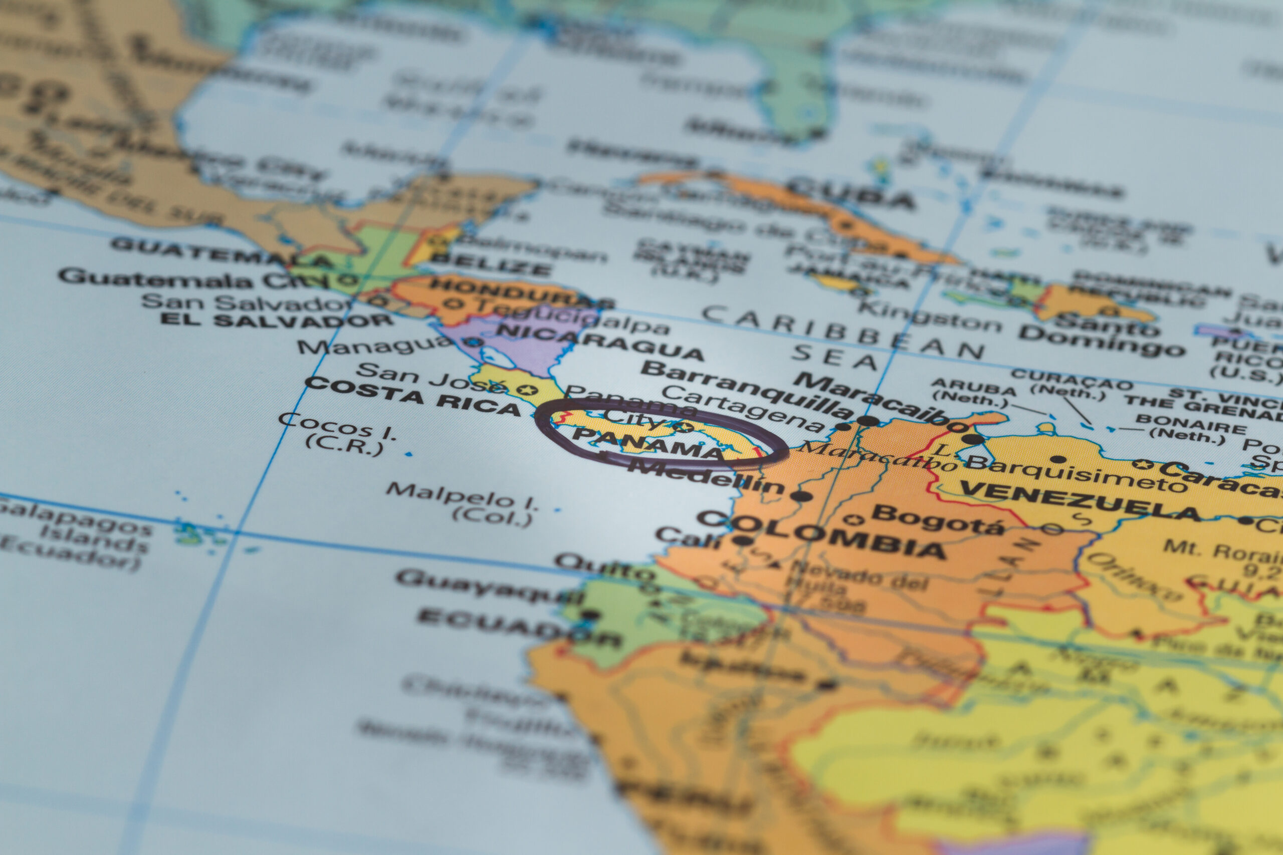 Close-up of a world map highlighting Panama, representing overseas rehab destinations and the growing interest in international addiction treatment options.