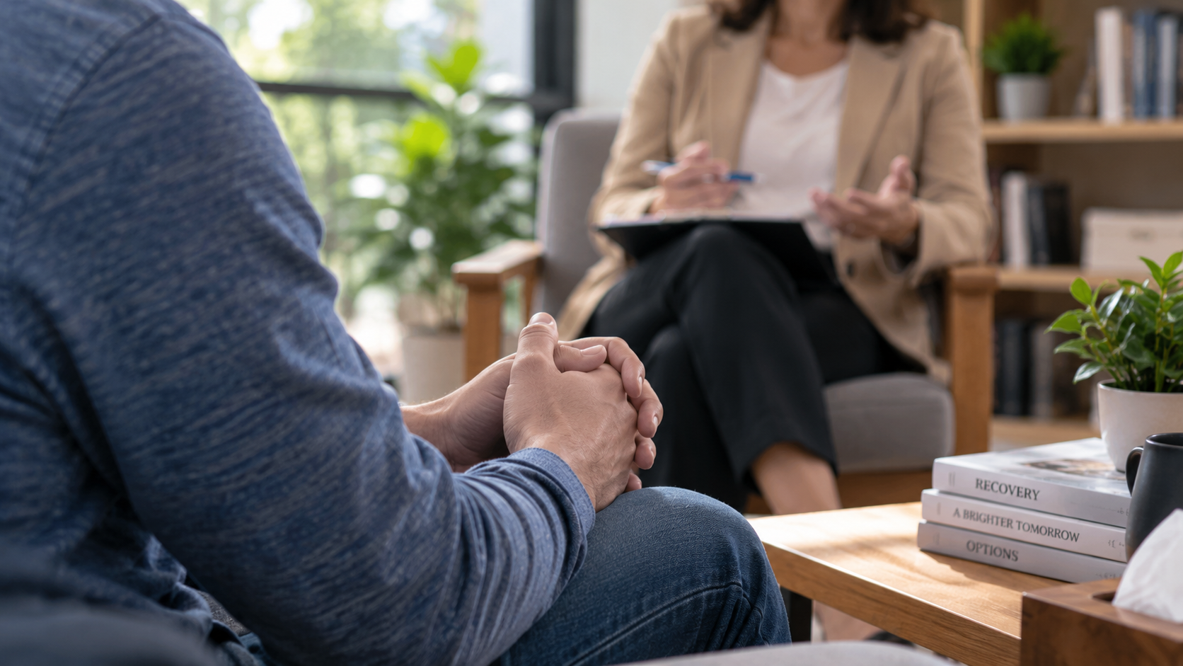 A client meeting privately with a counselor to discuss addiction treatment options and the benefits of private pay rehab.